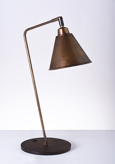 brass reading lamp with wooden base