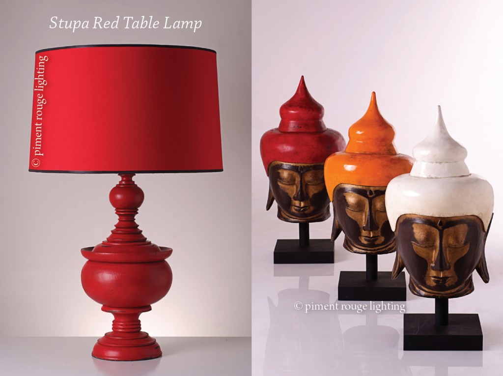 piment rouge lighting bali store - stupa rustic table lamp and buddha heads for home decor and interior styling
