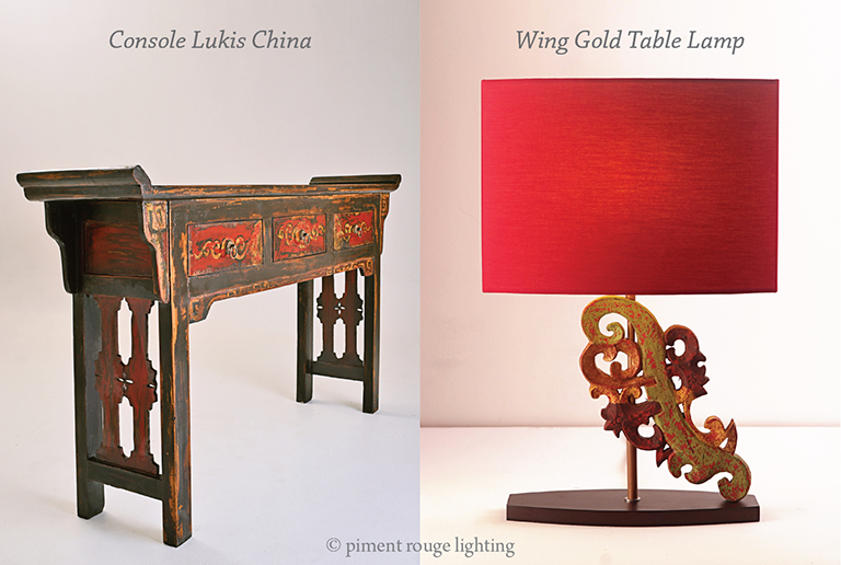 oriental furniture console table and table lamp by piment rouge lighting bali
