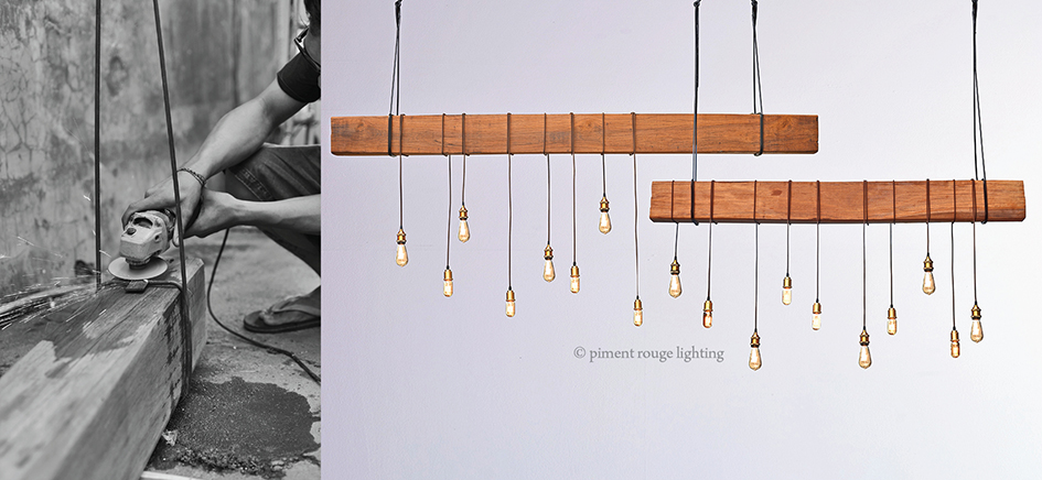rustic bare wood pendant lamp with edison bulbs and brass fittings by piment rouge lighting bali