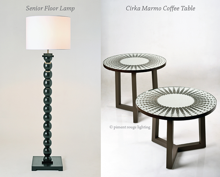 black balls senior floor lamp and cirka marmo coffee table by piment rouge lighting bali